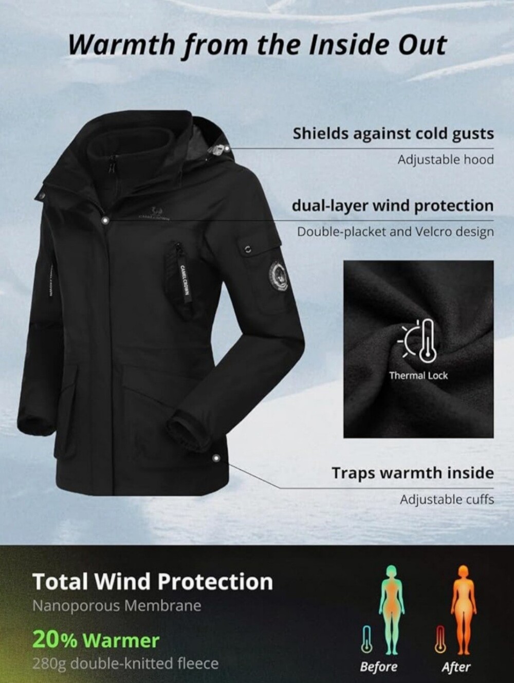 Camel Women's Black Thermal Windproof Jacket with Detachable Hood 3-in-1